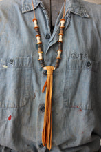 Load image into Gallery viewer, The Highlands Foundry Indigo Trade bead +Deerskin Fringe Necklace THF93