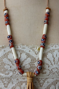 The Highlands Foundry Coral Flower Trade Bead + Deerskin Necklace THF94