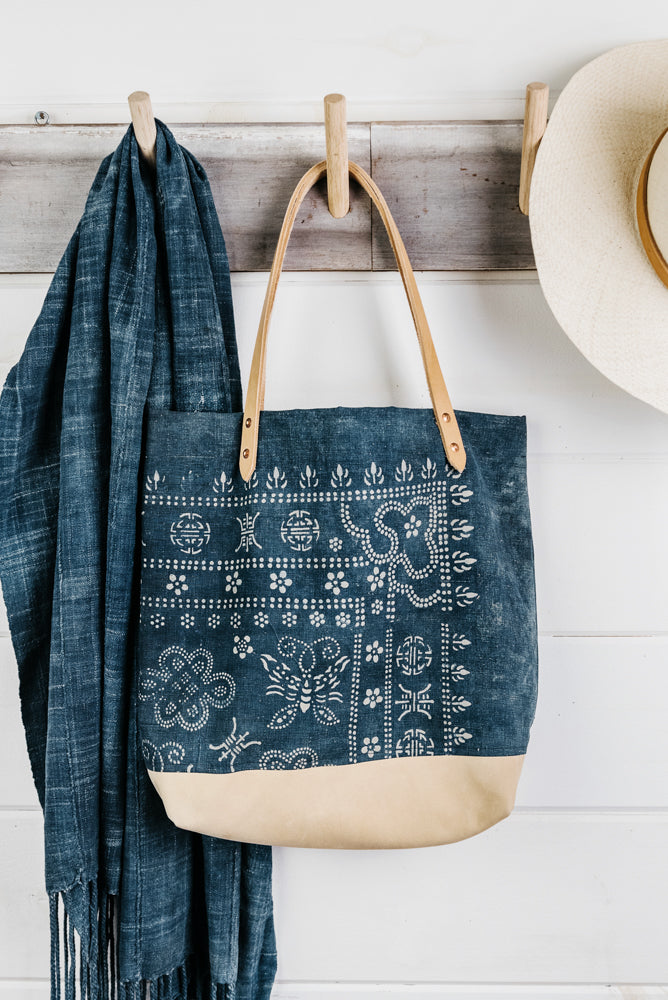 Indigo Batik + Leather Tote